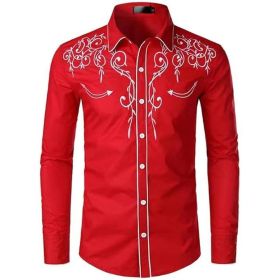 Mens Western Cowboy Shirt Casual Button Down Long Sleeve Embroidered Shirts (Color: Red2, size: M)