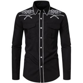 Mens Western Cowboy Shirt Casual Button Down Long Sleeve Embroidered Shirts (Color: Black, size: 3XL)