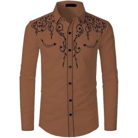 Mens Western Cowboy Shirt Casual Button Down Long Sleeve Embroidered Shirts (Color: Brown1, size: 2XL)