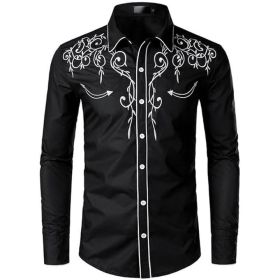 Mens Western Cowboy Shirt Casual Button Down Long Sleeve Embroidered Shirts (Color: Black3, size: 2XL)