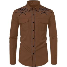 Mens Western Cowboy Shirt Casual Button Down Long Sleeve Embroidered Shirts (Color: Brown, size: 3XL)