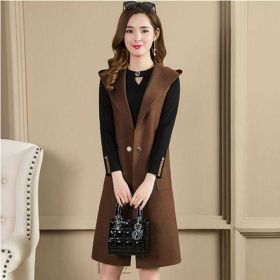 Autumn and winter women's new woolen coat hooded long vest mid-length coat (Color: Caramel, size: XXXL)