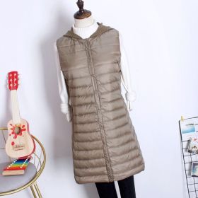 Hooded Women's Down Vest Long Coat Slim Fashion Ultra Light White Duck Down Waistcoat Female Fashion Winter Ladies Jacket Vests (Color: Khaki, size: 4XL)