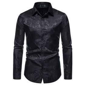 Men's Long Sleeve Dress Shirts Silk Floral Button Up Shirts (Color: Black, size: XL)