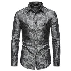 Men's Long Sleeve Dress Shirts Silk Floral Button Up Shirts (Color: Gray, size: XL)