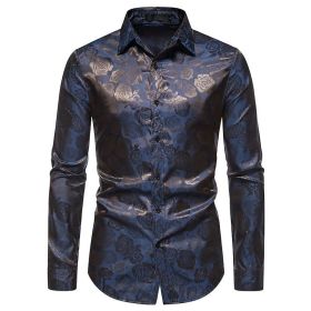 Men's Long Sleeve Dress Shirts Silk Floral Button Up Shirts (Color: Navy, size: M)