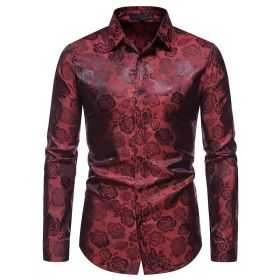 Men's Long Sleeve Dress Shirts Silk Floral Button Up Shirts (Color: Red, size: XXL)