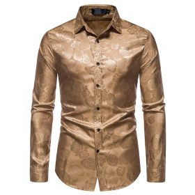 Men's Long Sleeve Dress Shirts Silk Floral Button Up Shirts (Color: Gold, size: XXL)