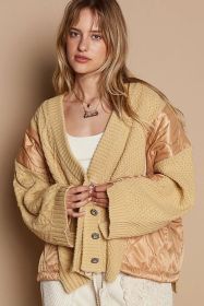 POL Quilting Patch Button Up Cable Knit Jacket (Color: Camel Multi, size: M)