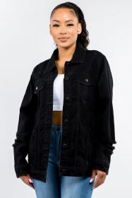 American Bazi Full Size Button Up Distressed Denim Jacket (Color: Black, size: L)