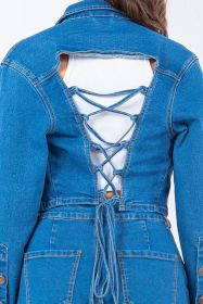 American Bazi Laced Back Cropped Denim Jacket (Color: Blue, size: S)