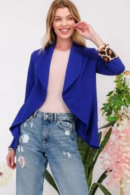 Celeste Full Size Rolled Leopard Cuff Open Front Blazer (Color: Royal Blue, size: L)