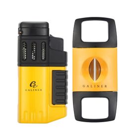 GALINER Professional Cigar Lighter With Punch Cutter Set New Home Accessories Knife Cigar Clipper Luxury Torch Lighter (Color: Yellow Set)