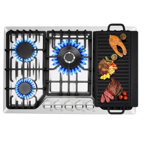 Gas Cooktop 30/36 Inch, 5 Burner Gas Stove Top, Built in Stainless Steel, LPG/NG Convertible Propane Cooktop (Type: 30inch(with Griddle))