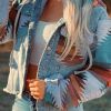 Multicolor Aztec Print Frayed Hem Denim Jacket; Street Pockets Loose Outerwear