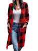 Plus Size Plaid Pattern Pockets Longline Coat; Women's Plus Long Sleeve Casual Coat