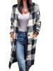 Plus Size Plaid Pattern Pockets Longline Coat; Women's Plus Long Sleeve Casual Coat