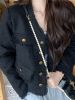 Loose V-neck Retro Tassel Black Short Coat; Women's Coat