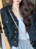 Loose V-neck Retro Tassel Black Short Coat; Women's Coat