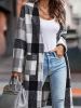 Plus Size Plaid Pattern Pockets Longline Coat; Women's Plus Long Sleeve Casual Coat