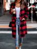 Plus Size Plaid Pattern Pockets Longline Coat; Women's Plus Long Sleeve Casual Coat